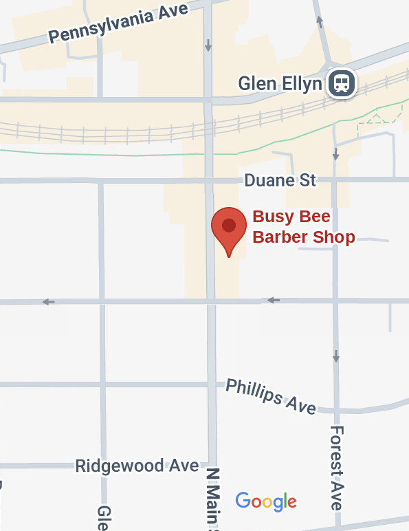 Map of downtown Glen Ellyn with a pin on Busy Bee Barber Shop on N. Main St., between Duane St. and Hillside Ave., south of the Glen Ellyn train station